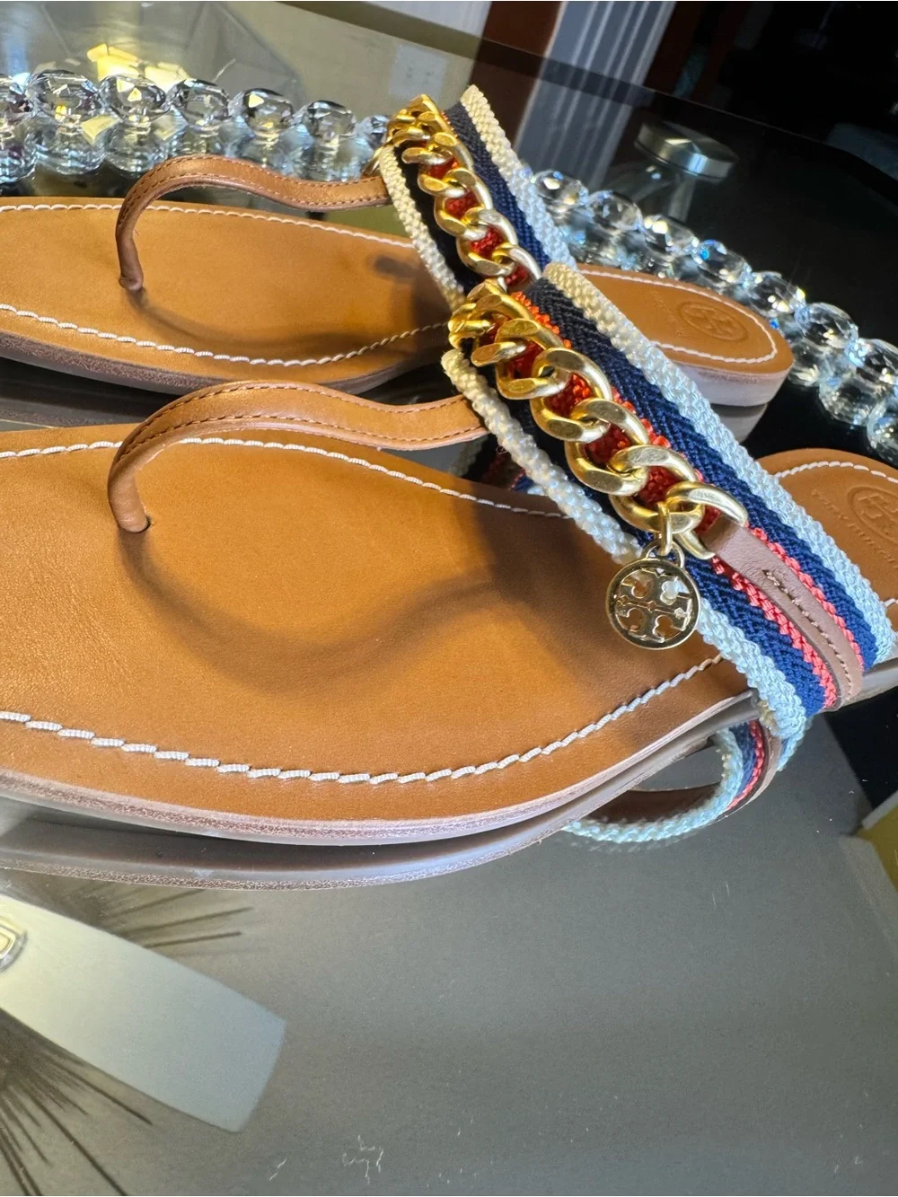 Tory Burch Mini Benton Chain Band Sandal Calf Leather / Webbing. Size 8